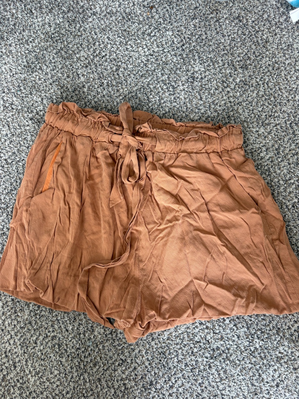 Pink Lily High-Waist Paperbag Tie-Front Shorts in Rust